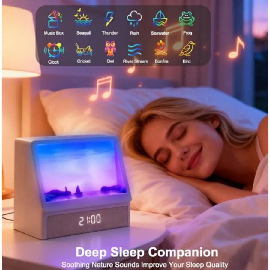 Sunrise Alarm Clock for Bedrooms, White Noise Machine Creative Simulated Sunrise Animation with 7 Modes, 12 Natural Sounds, Mus