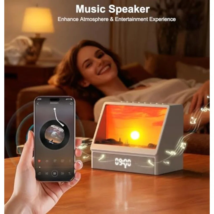 Sunrise Alarm Clock for Bedrooms, White Noise Machine Creative Simulated Sunrise Animation with 7 Modes, 12 Natural Sounds, Mus