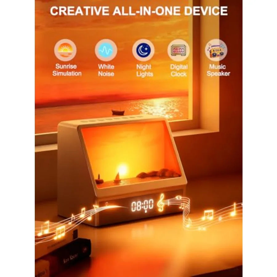 Sunrise Alarm Clock for Bedrooms, White Noise Machine Creative Simulated Sunrise Animation with 7 Modes, 12 Natural Sounds, Mus