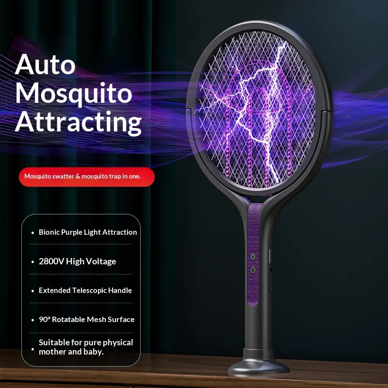 Rotating Head Bug Zapper Racket Rechargeable Electric Fly Swatter Fly Killer and Mosquito Trap Lamp for Indoor and Outdoor
