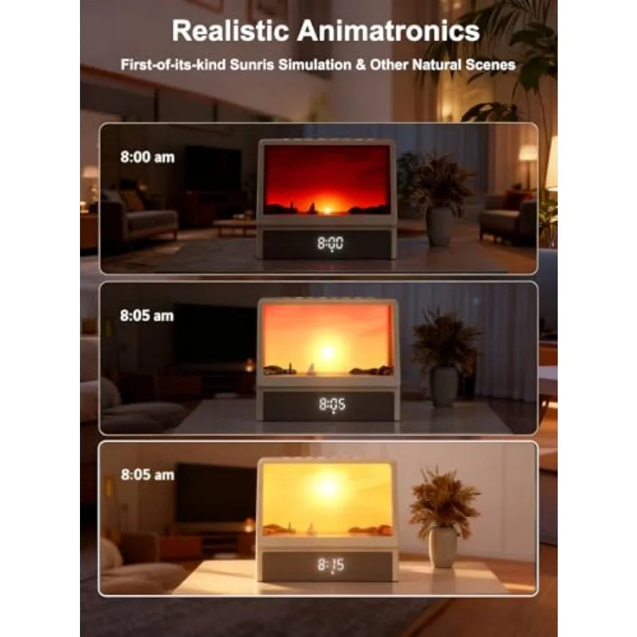 Sunrise Alarm Clock for Bedrooms, White Noise Machine Creative Simulated Sunrise Animation with 7 Modes, 12 Natural Sounds, Mus